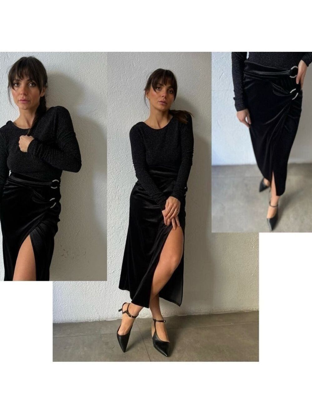 Zara black velvet midi wrap skirt slit side ruching crystal rhinestone buckles M